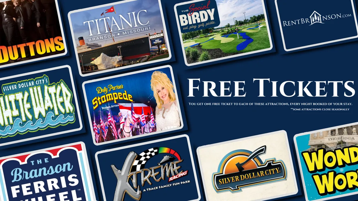 A vibrant display of attraction tickets with colorful graphics, showcasing a wide array of local entertainment options such as exciting shows, rides, and unique Branson experiences. The image exudes an atmosphere of anticipation and adventure for guests eager to explore nearby attractions.